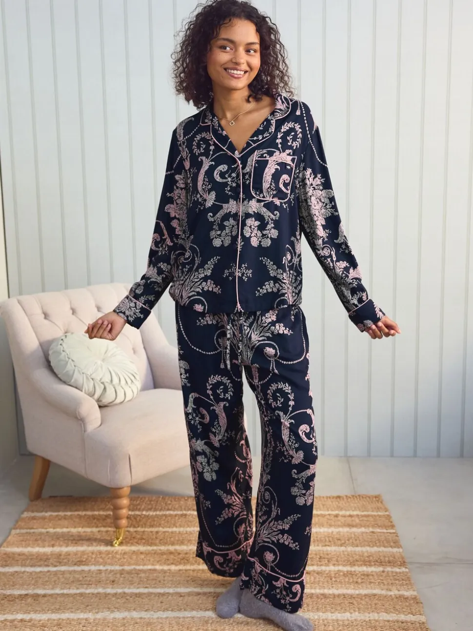 Donkerblauw/roze - Laura Ashley Josette pyjama met knopen