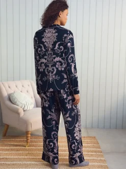 Donkerblauw/roze - Laura Ashley Josette pyjama met knopen