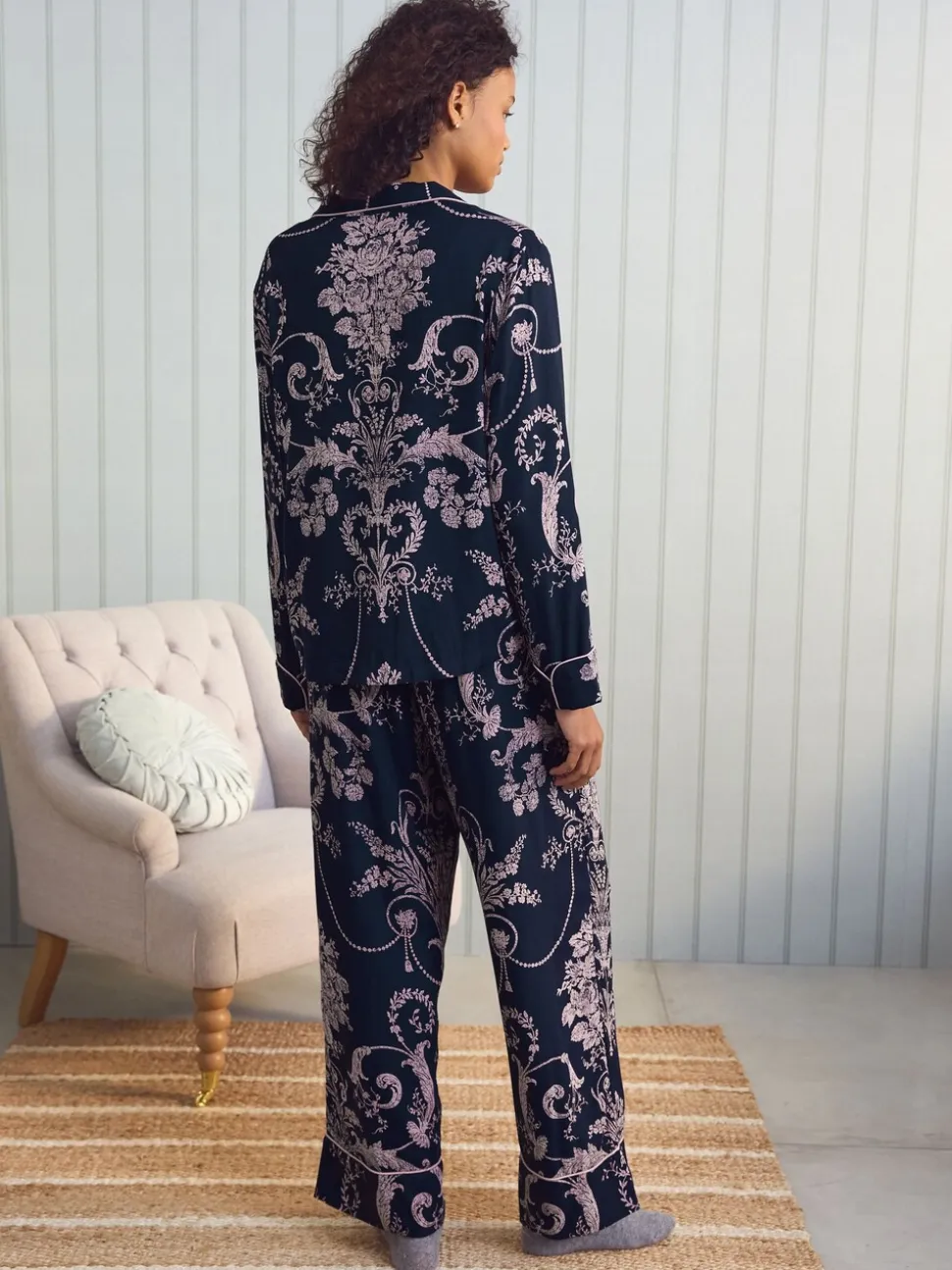 Donkerblauw/roze - Laura Ashley Josette pyjama met knopen