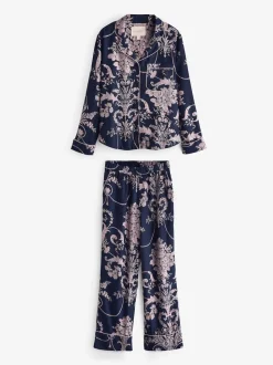 Donkerblauw/roze - Laura Ashley Josette pyjama met knopen