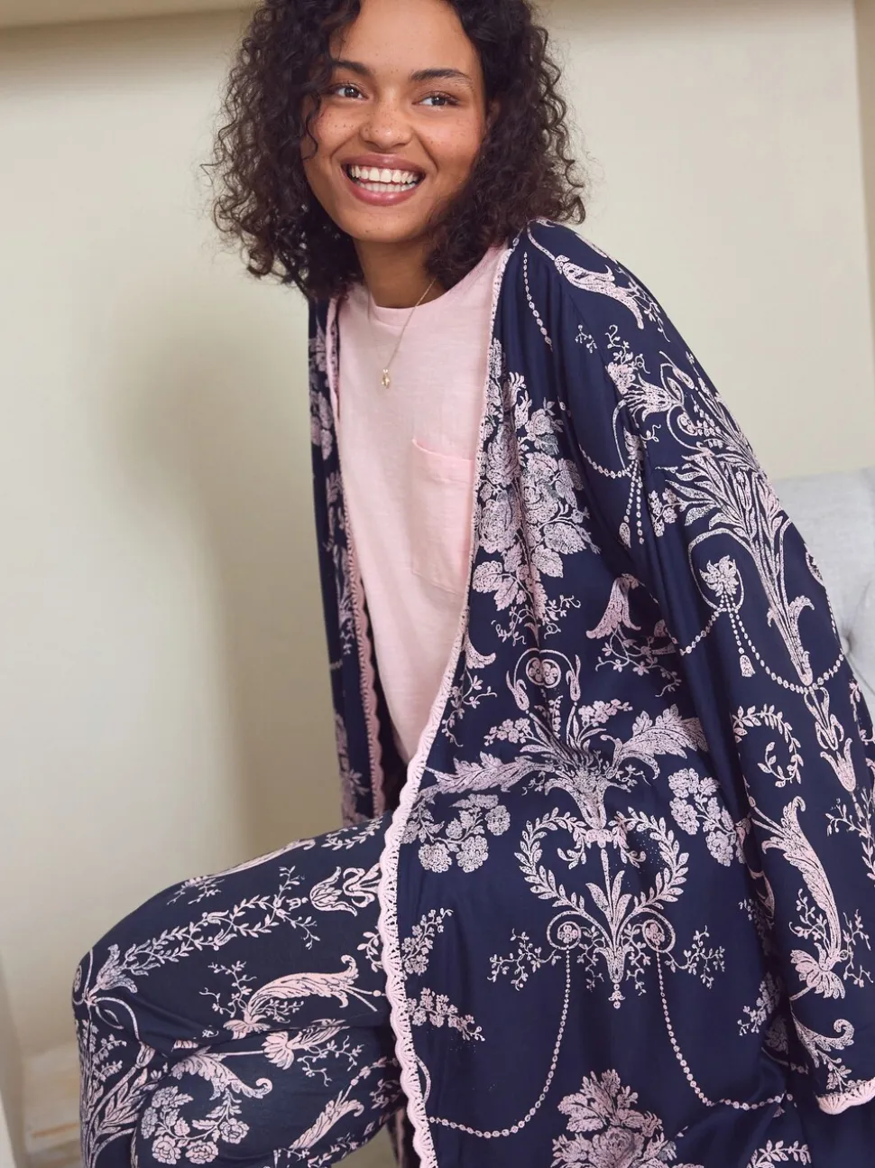 Donkerblauw/roze - Laura Ashley Josette badjas