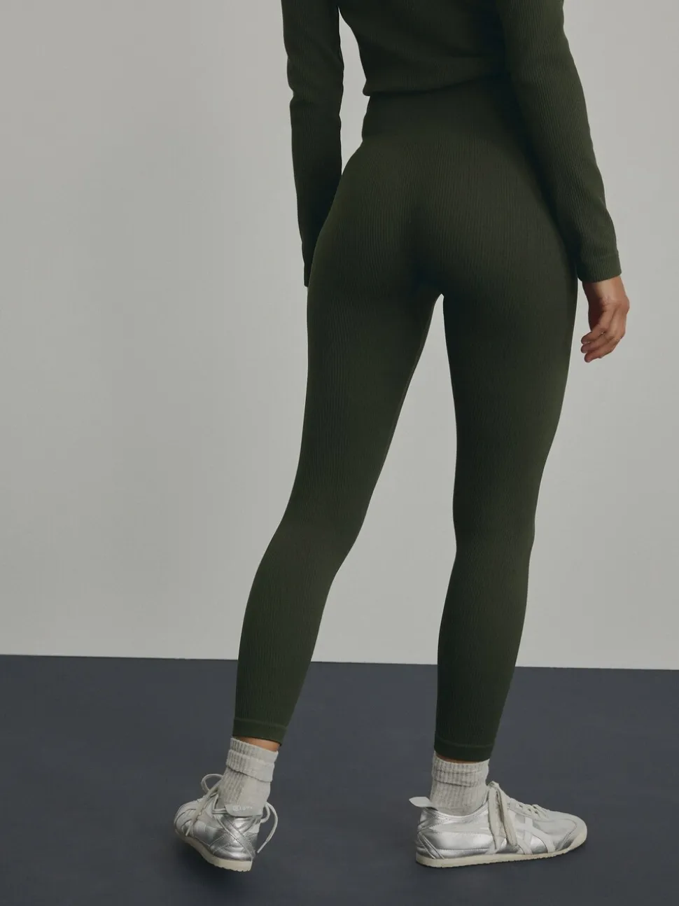 Donkergroen - Geribbelde naadloze legging met hoge taille