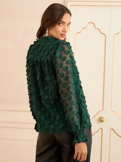 Donkergroen - Love & Roses 3D blouse met lange mouwen en stippen