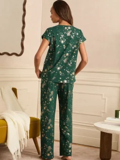 Donkergroen - Love & Roses Christmas Short Sleeve Gold Foil Pyjama Set