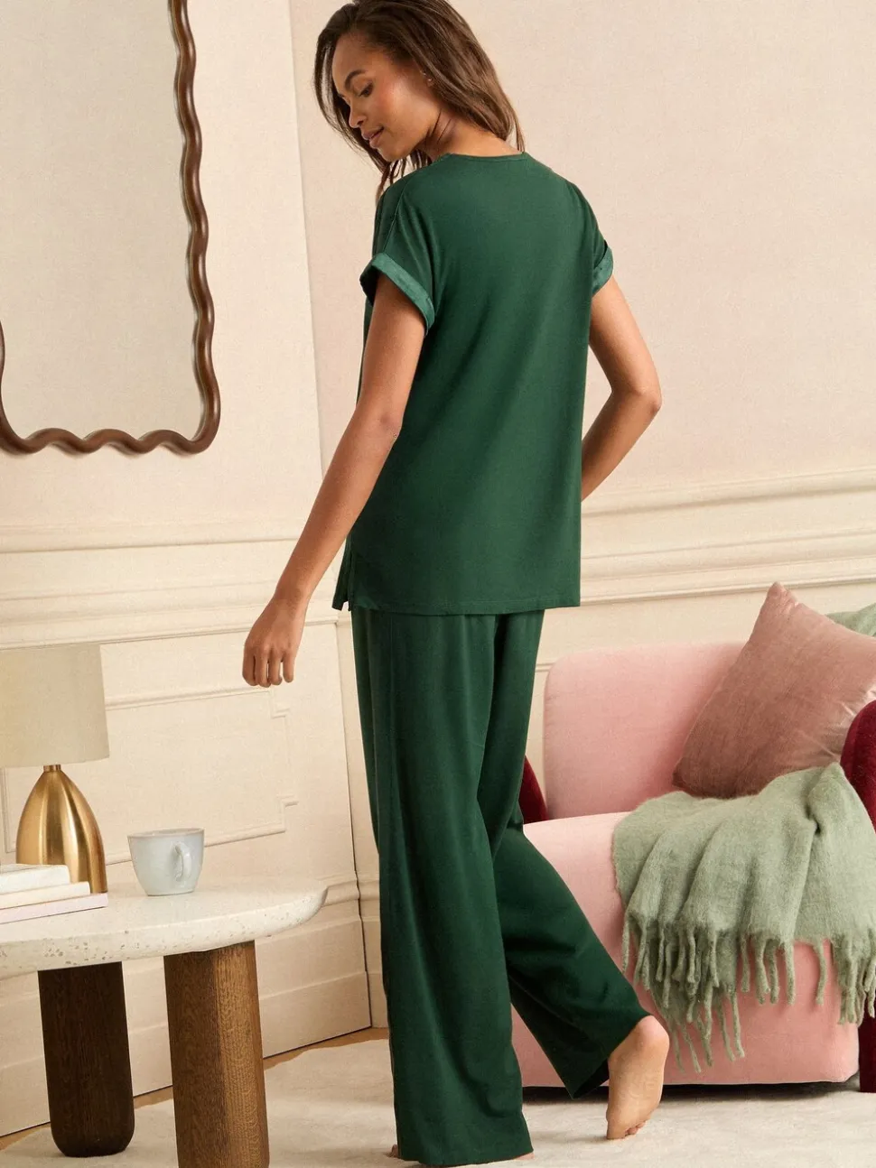 Donkergroen - Love & Roses Lace Detail Jersey Pyjamas Set