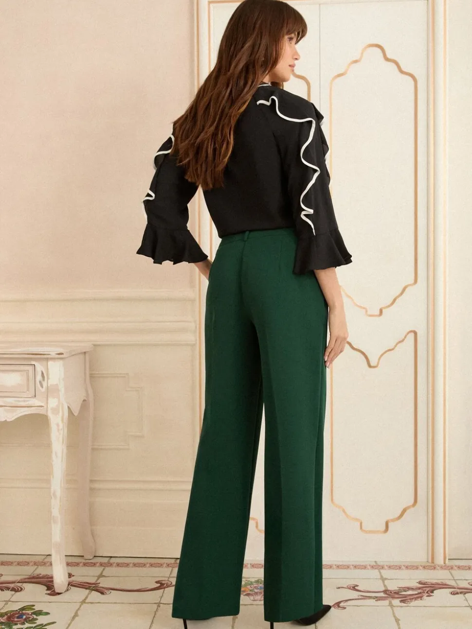 Donkergroen - Love & Roses broek met wijde pijpen