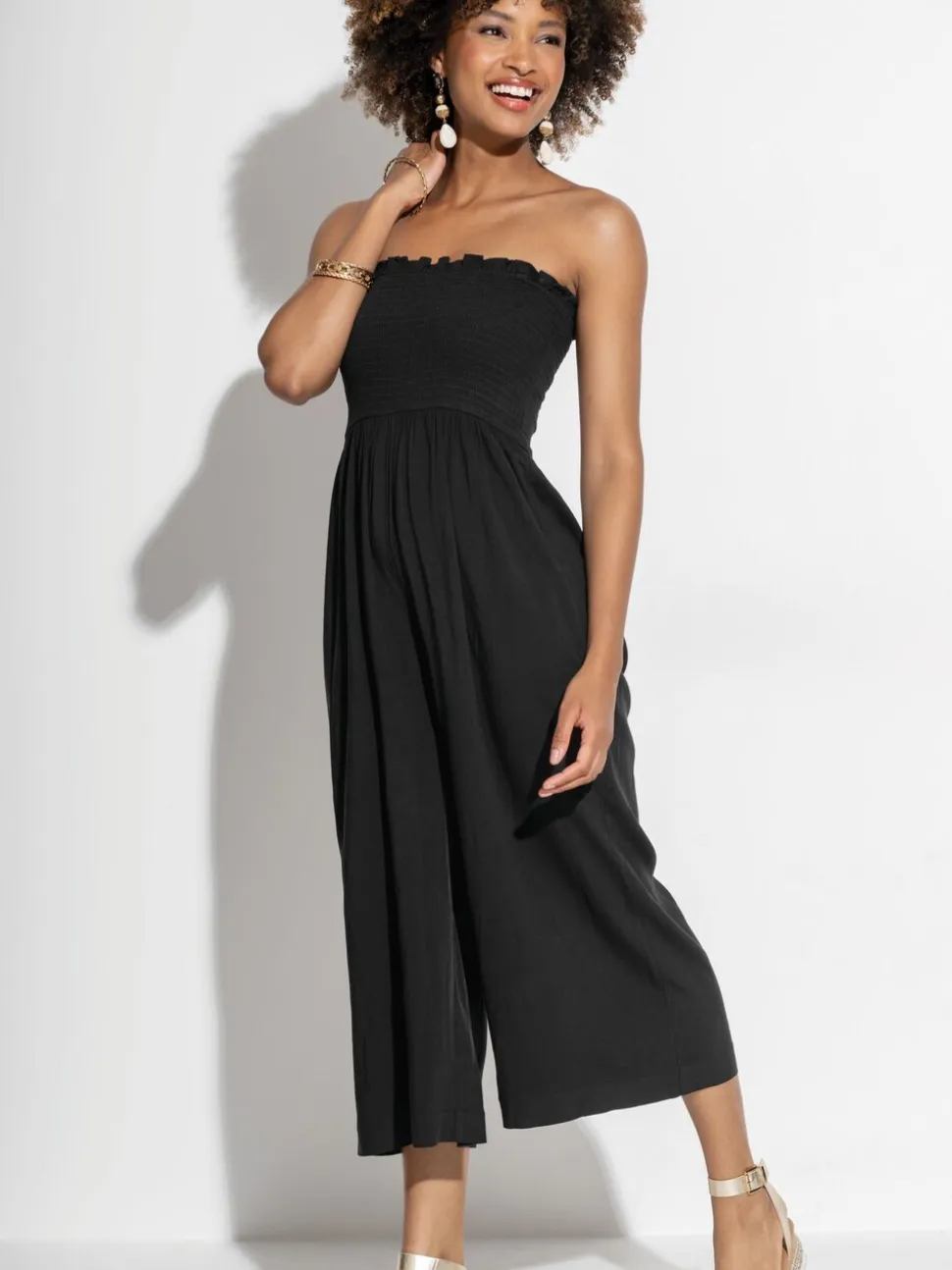 Donkerzwart - Pour Moi strandjumpsuit met halflange pijpen en aangrimpeld lijfje