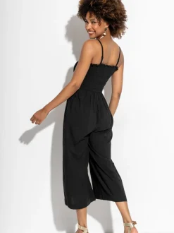 Donkerzwart - Pour Moi strandjumpsuit met halflange pijpen en aangrimpeld lijfje