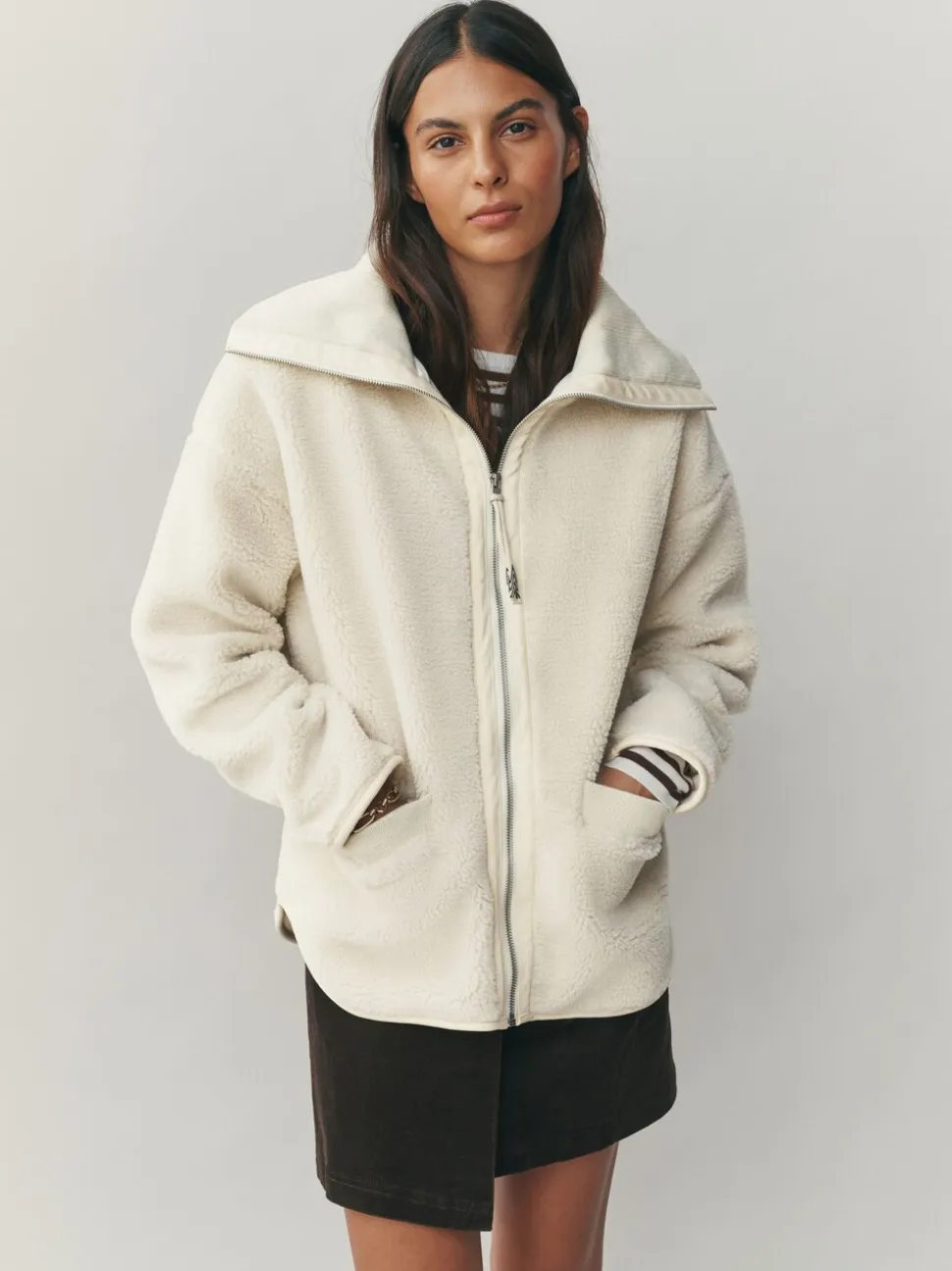 Ecru - Borg Zip Through Fleece With Rib Collar