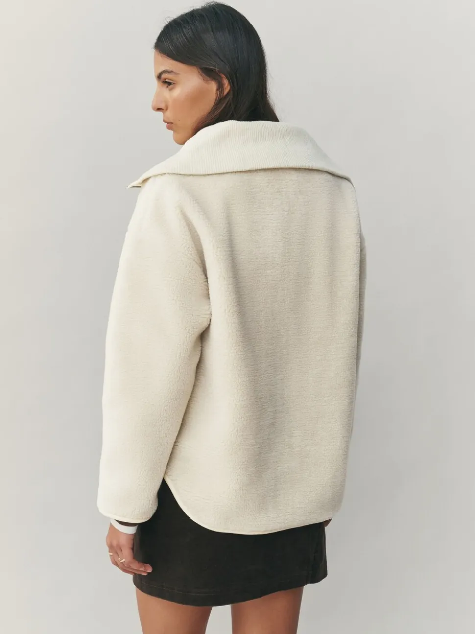 Ecru - Borg Zip Through Fleece With Rib Collar