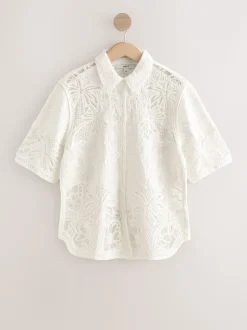 Ecru - Crochet Short Sleeve Shirt