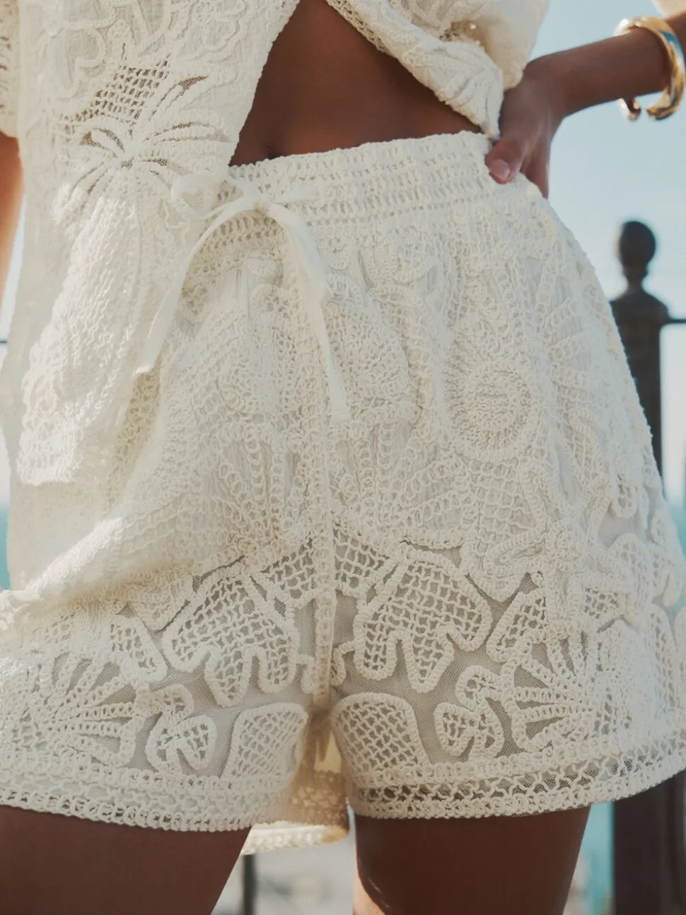 Ecru - Crochet Tie Waist Shorts