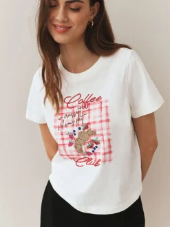 Ecru - Embellished Coffee Club Graphic Short Sleeve Top