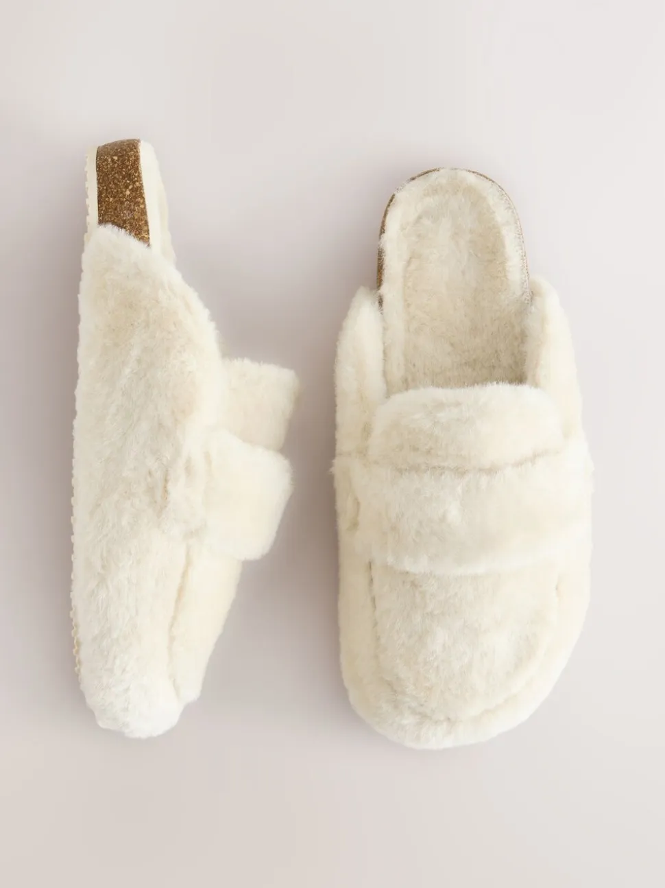 Ecru - Faux Fur Heart Footbed Slippers