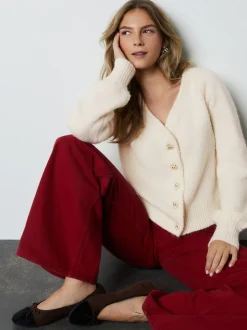 Ecru - Heart Button Cardigan With Wool