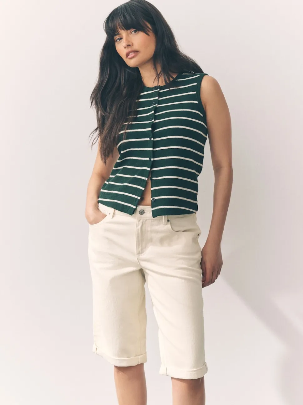 Ecru - Knielange Bermuda denim shorts