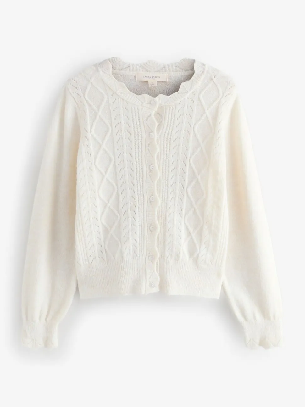 Ecru - Laura Ashley Pointelle Button Through Scallop Cardigan With A Touch Of Wool