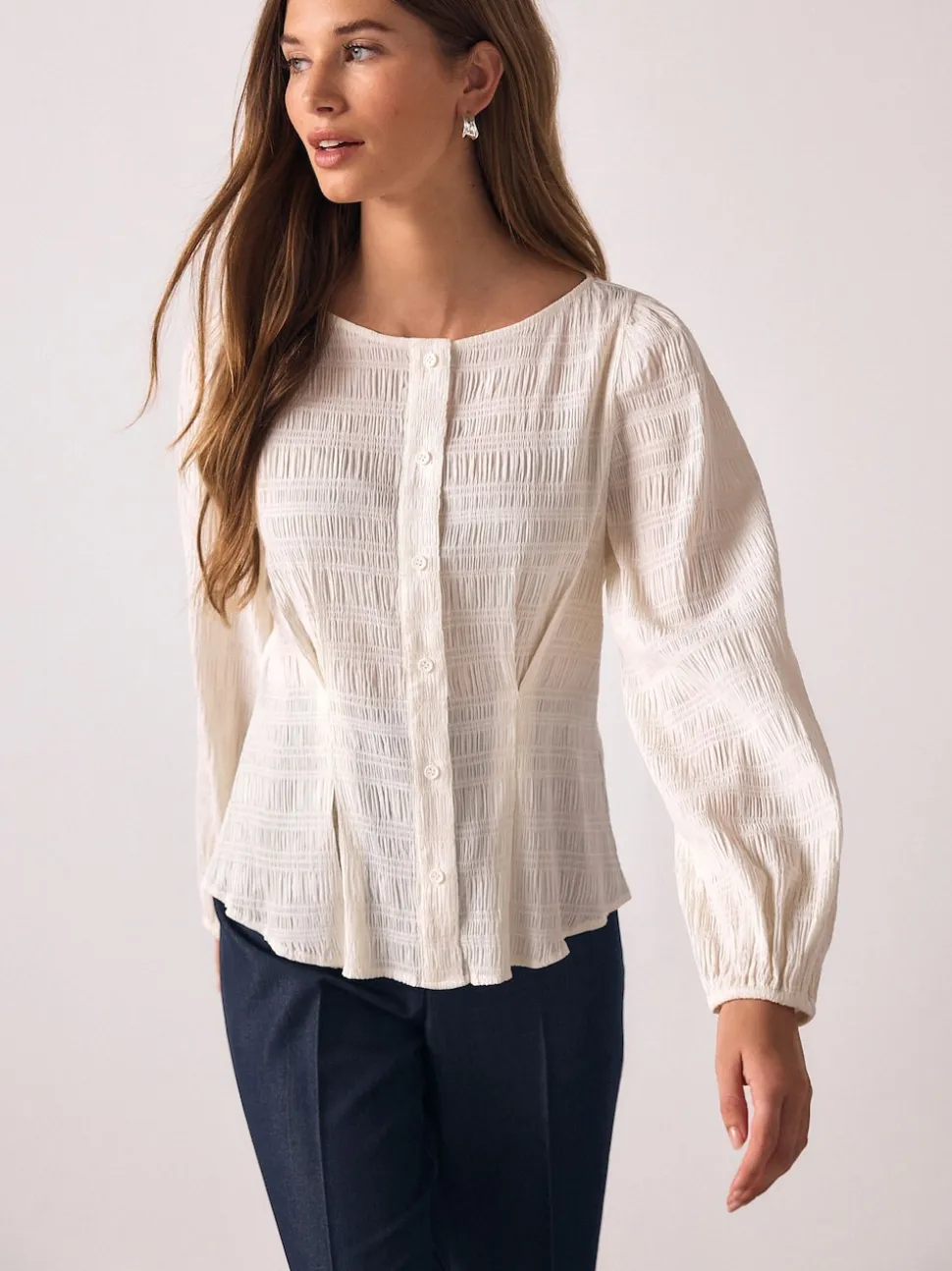 Ecru - Long Sleeve Boatneck Textured Button-Front Blouse