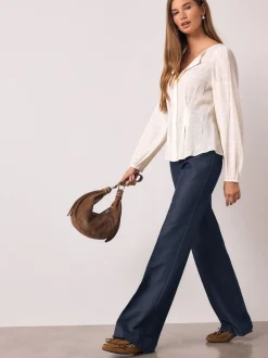 Ecru - Long Sleeve Boatneck Textured Button-Front Blouse