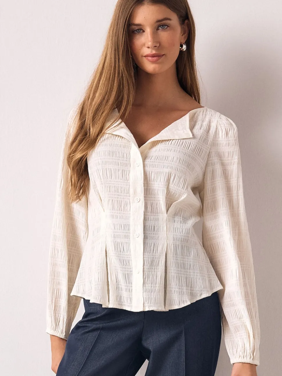 Ecru - Long Sleeve Boatneck Textured Button-Front Blouse