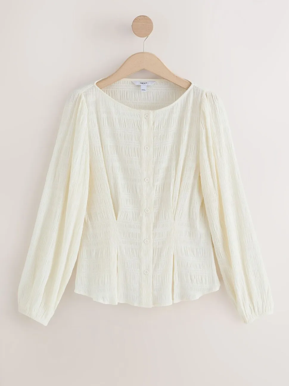 Ecru - Long Sleeve Boatneck Textured Button-Front Blouse