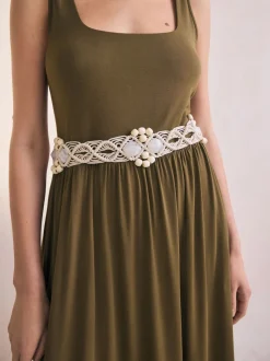 Ecru - Macramé riem met kralen