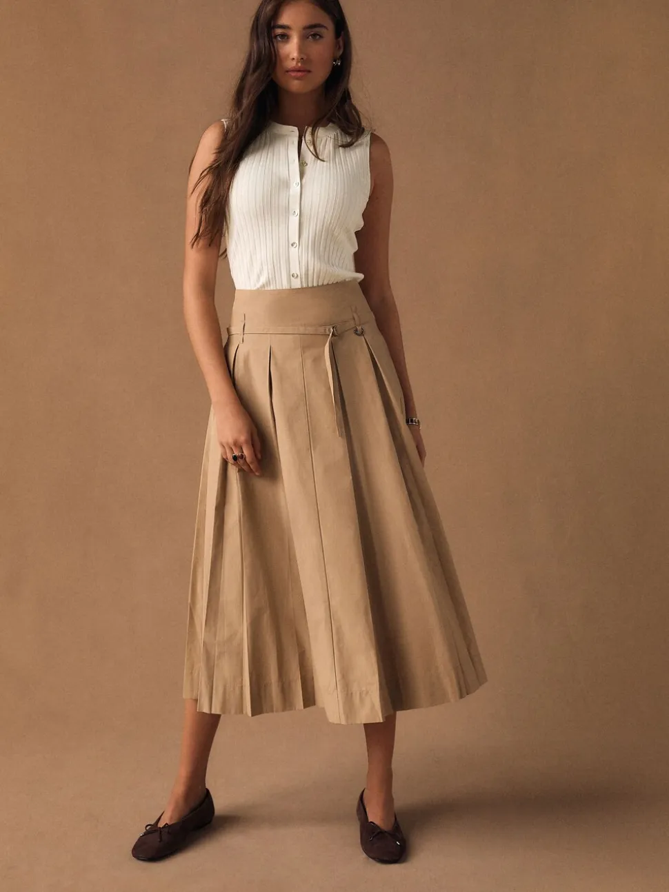 Ecru - Ribbed Button Through Sleeveless Top