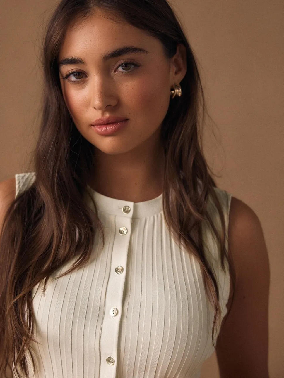 Ecru - Ribbed Button Through Sleeveless Top