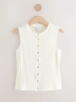 Ecru - Ribbed Button Through Sleeveless Top
