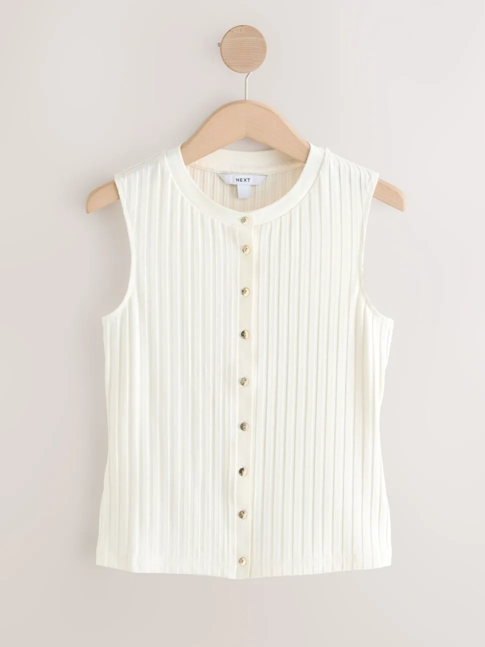Ecru - Ribbed Button Through Sleeveless Top