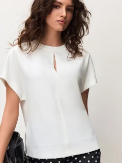 Ecru - Short Sleeve Keyhole Crew Neck Top