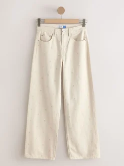 Ecru geborduurd hart - Jeans met wijde pijpen