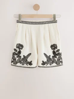 Ecru gemêleerd - Geborduurde strandshorts