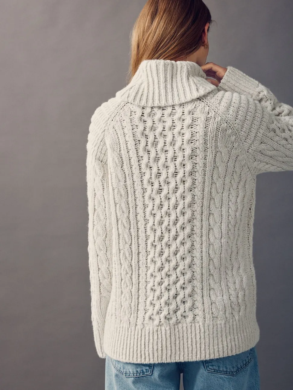 Ecru wit - Roll Neck Cable Longline Jumper with Wool