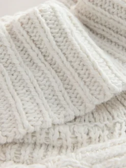 Ecru wit - Roll Neck Cable Longline Jumper with Wool