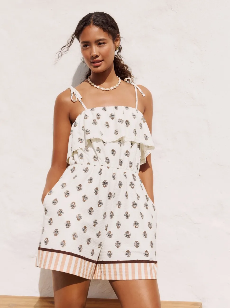 Ecru/bruin - Textured Jersey Frill Bandeau Speelpakje