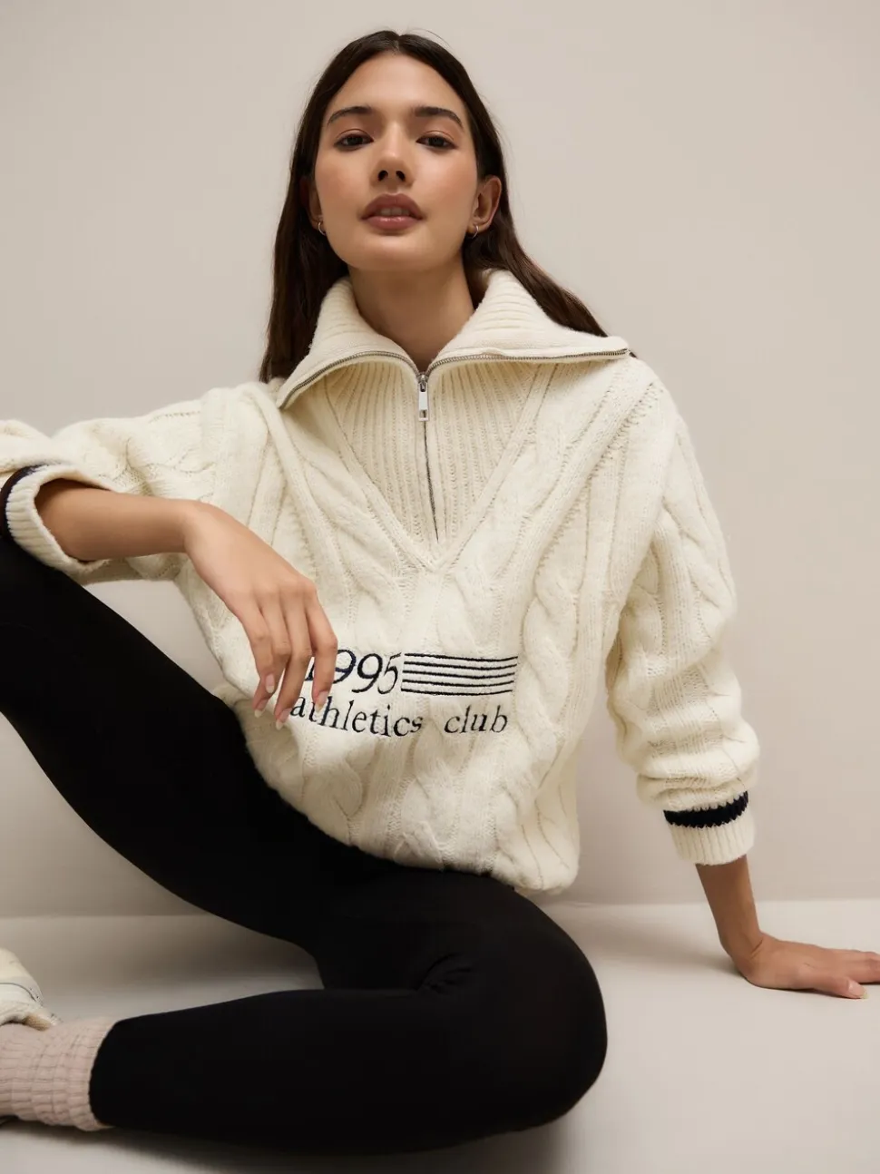 Ecru-crème - Cable Zip Neck 1995 Graphic Jumper