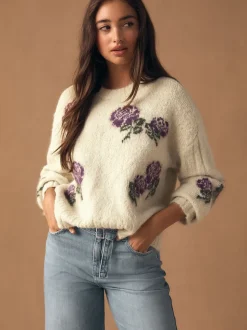 Ecru/Paarse Bloemen - Trui met ronde hals van wol