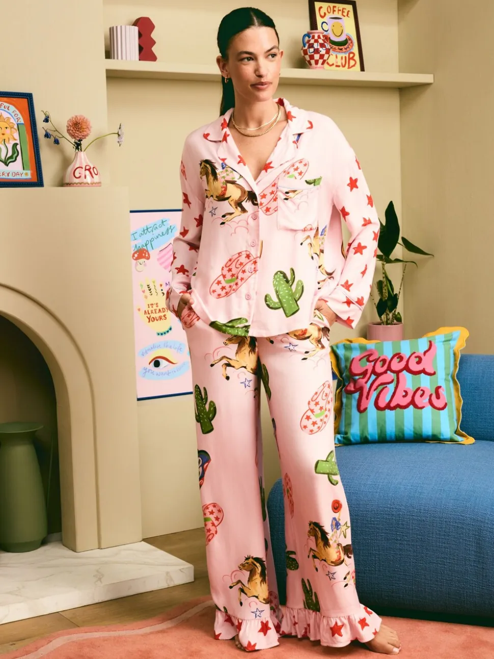 Eleanor Bowmer Pale Pink Howdy Viscose Button Through Pyjamas