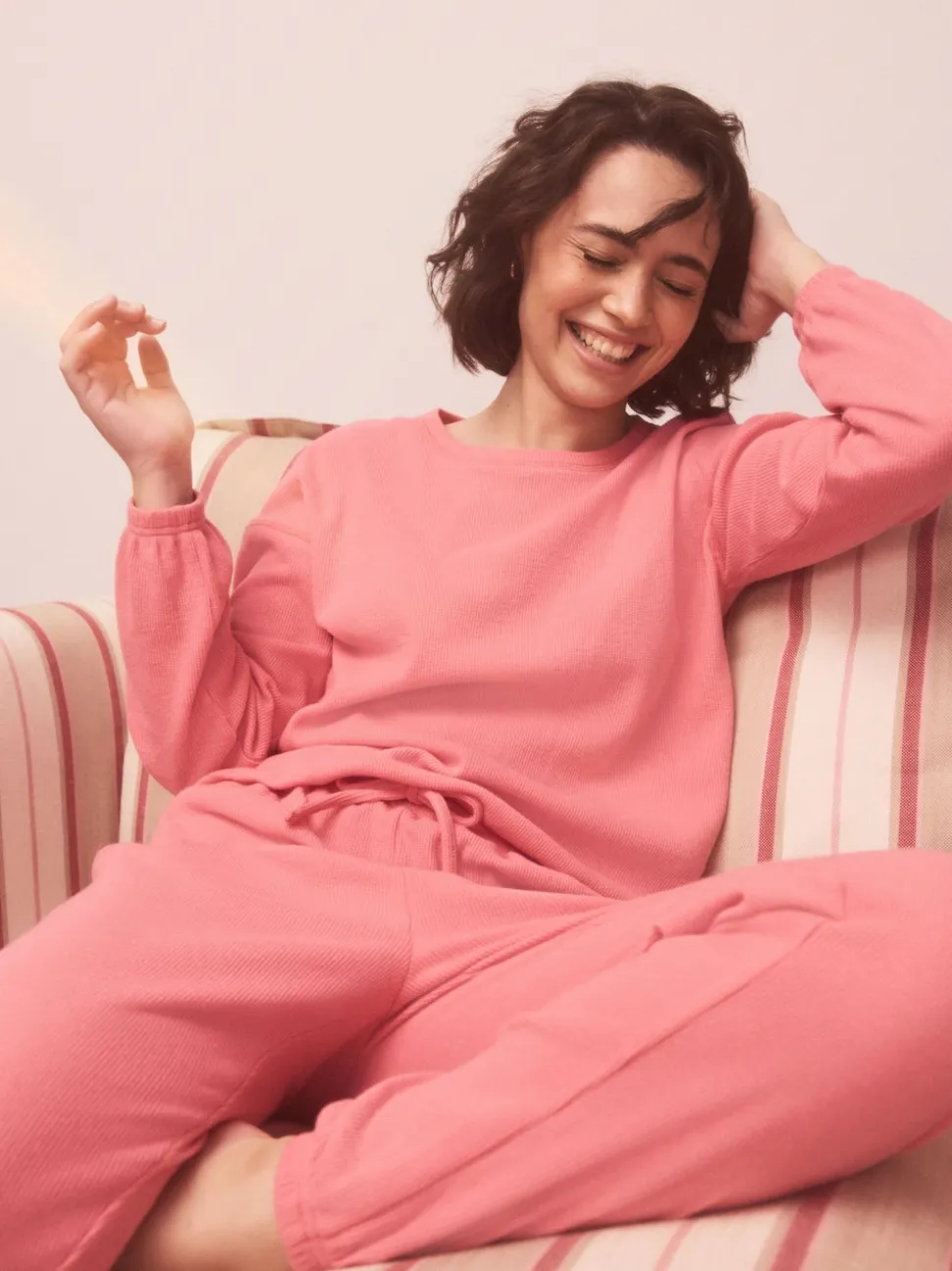 Felroze - Gezellige pyjama met wafeldessin en lange mouwen