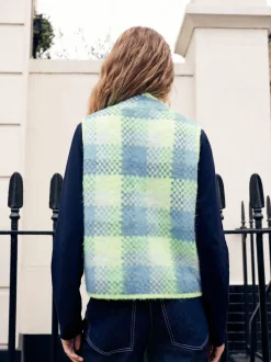 Fluro Green/Blue Check - Zip-Up Knitted Brushed Gilet