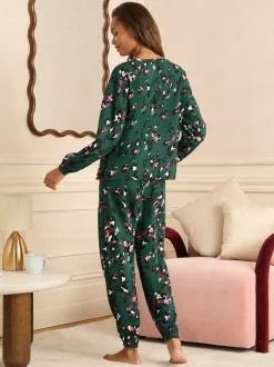 Forest Green Leopard Print - Love & Roses Jersey Long Sleeve Pyjamas Set
