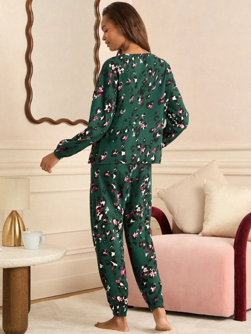Forest Green Leopard Print - Love & Roses Jersey Long Sleeve Pyjamas Set