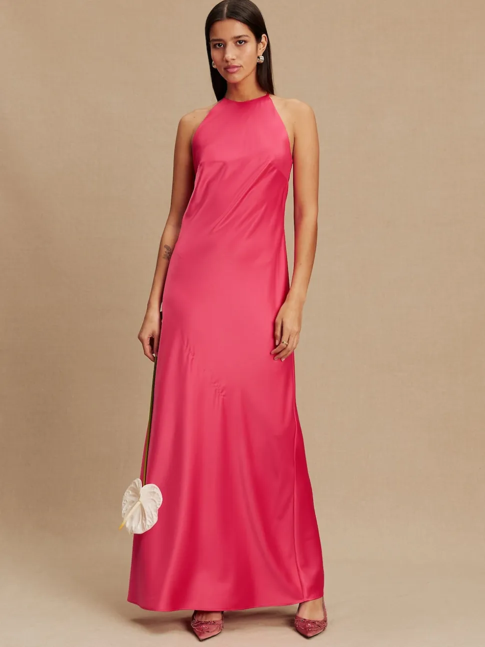 Framboosroze - Bridesmaids Satin Halterneck Maxi Dress