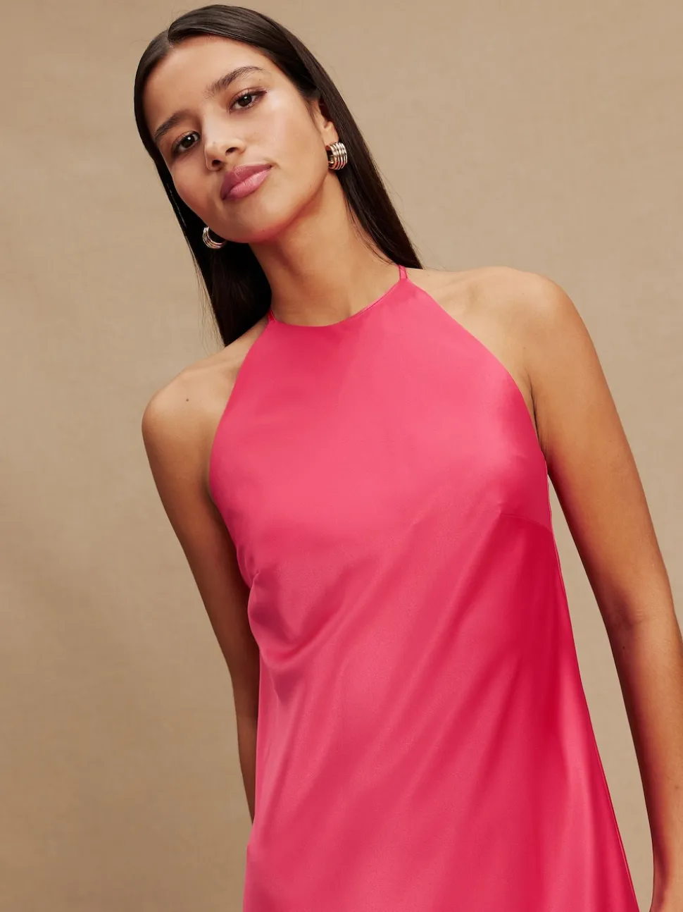 Framboosroze - Bridesmaids Satin Halterneck Maxi Dress