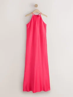 Framboosroze - Bridesmaids Satin Halterneck Maxi Dress