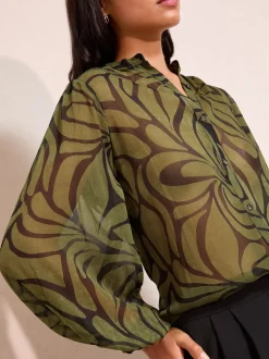 Friends Like These Collarless Long Sleeve Chiffon Blouse