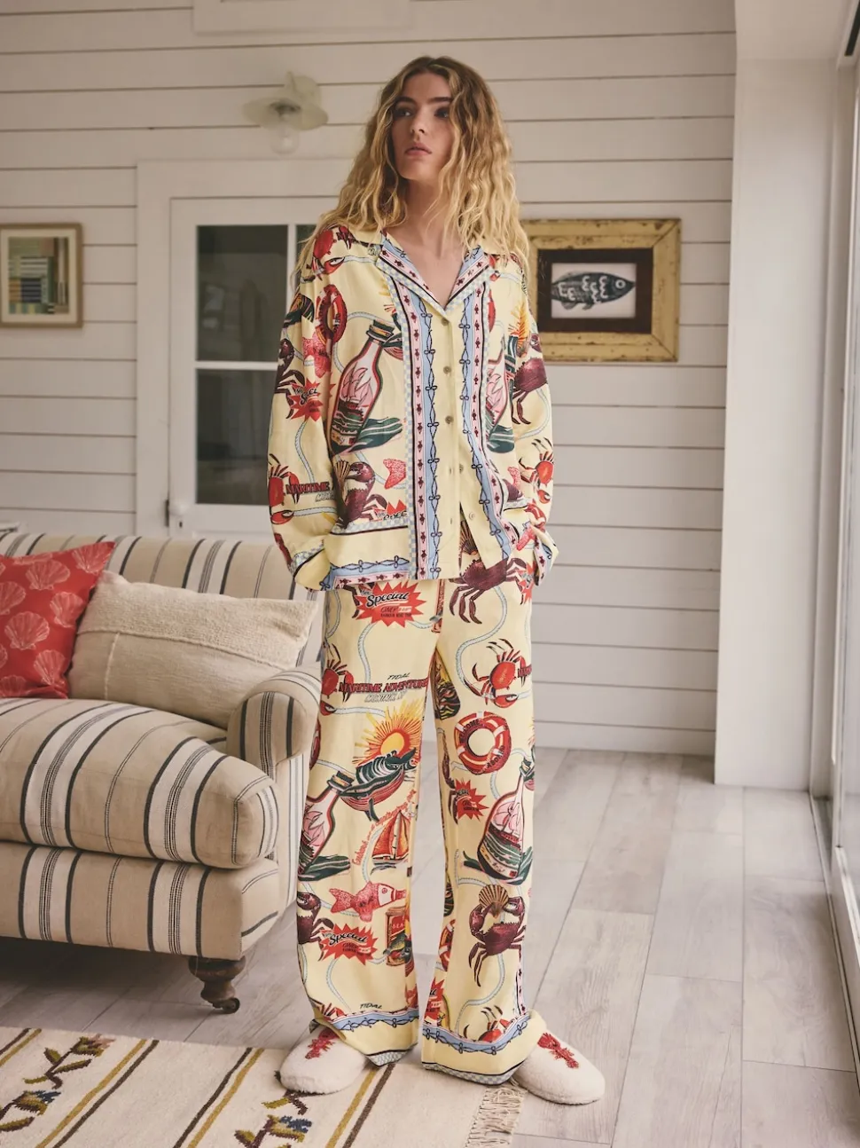Geel - Viscose/Linen Blend Button Through Pyjamas