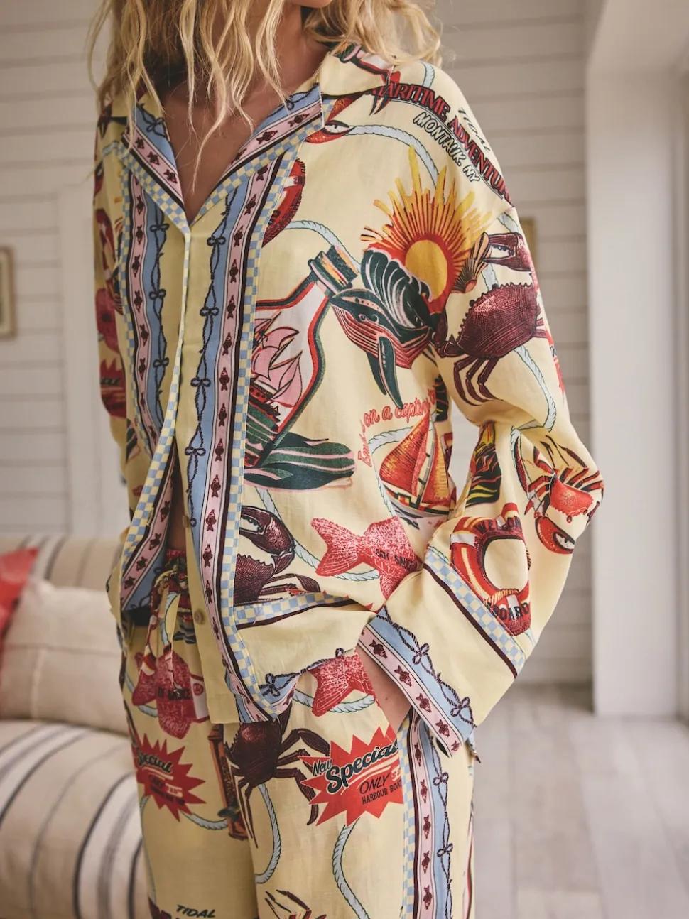 Geel - Viscose/Linen Blend Button Through Pyjamas