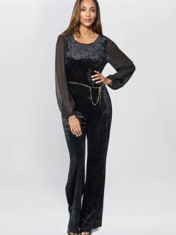 Gina Bacconi Alaska Velvet Black Jumpsuit With Sheer Sleeves